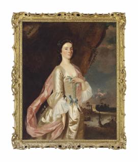 Sir Joshua Reynolds, P.R.A. - Portrait of Mrs Connock (d.1804), three-quarter-length, in a white satin dress with blue ribbons, in a landscape