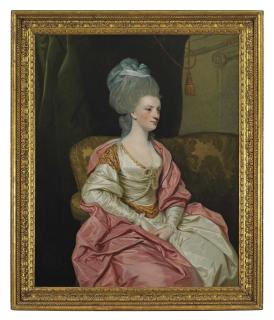 Sir Joshua Reynolds, P.R.A. - Portrait of Mrs. Thomas Edwards Freeman (1758-1782), three-quarter-length, in a white satin gown with a pink wrap, seated on a sofa in an interior