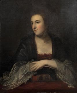 Sir Joshua Reynolds P.R.A. - Portrait of Mrs Thomas Pelham, later Countess of Chichester, half-length, wearing a black and red dress with lace sleeves, leaning on a closed book