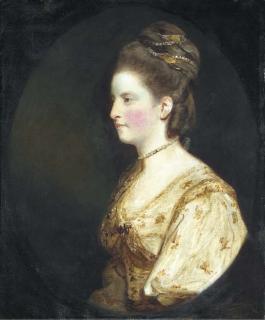 Sir Joshua Reynolds, P.R.A. - Portrait of Mrs Thomas Wodehouse, Half-Length, In A White Dress With Gold Embroidery, Feigned Oval