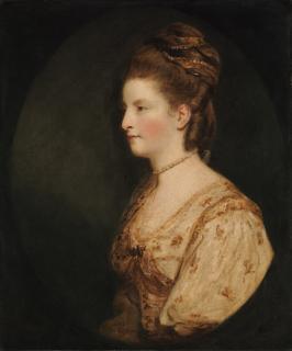 Sir Joshua Reynolds, P.R.A. - Portrait of Mrs Thomas Wodehouse, half-length, in a white dress with gold flowers, feigned oval