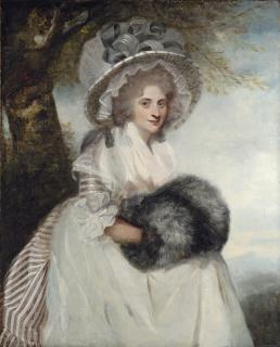 Sir Joshua Reynolds, P.R.A. - Portrait of Mrs Wells, three-quarter-length, seated, in a striped dress and straw hat