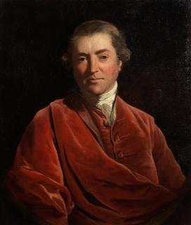 Sir Joshua Reynolds P.R.A. - Portrait of Robert Mayne, M.P., long bust-length, wearing a red velvet mantle over a red velvet coat white cravat, in a painted oval