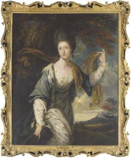 Sir Joshua Reynolds, P.R.A. - Portrait of The Hon. Jane Sanford, three-quarter-length, in a white and gold dress with a blue ermine-lined cloak and russet fichu by a tree in a landscape