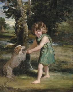 Sir Joshua Reynolds, P.R.A. - Portrait of the Hon. John Tufton (1773-1799), full-length, in green classical dress, playing with a spaniel in a landscape
