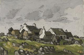 Sir Kyffin Williams, R.A. - Cottages in a Welsh landscape