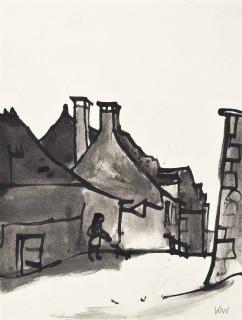 Sir Kyffin Williams, R.A. - Streetscene with a woman and a dog; Barking Church, 1960