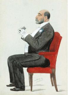 Sir Leslie Matthew Ward - Portrait of a seated gentleman, wearing a black suit, holding opera glasses