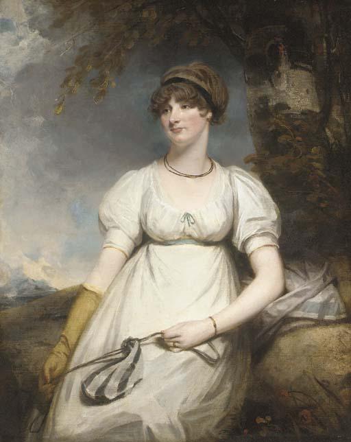 Sir Martin Archer Shee, P.R,A, - Portrait of a lady, three-quarter-length, in a white dress, holding a draw-string purse, with yellow gloves and a beaded necklace, by a tree in a landscape