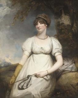 Sir Martin Archer Shee, P.R,A, - Portrait of a lady, three-quarter-length, in a white dress, holding a draw-string purse, with yellow gloves and a beaded necklace, by a tree in a landscape