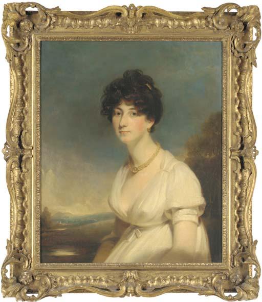 Sir Martin Archer Shee, P.R.A. - Portrait of A Lady, Three-Quarter-Length, In A White Dress With Pearl Necklace And Earings, In A Landscape