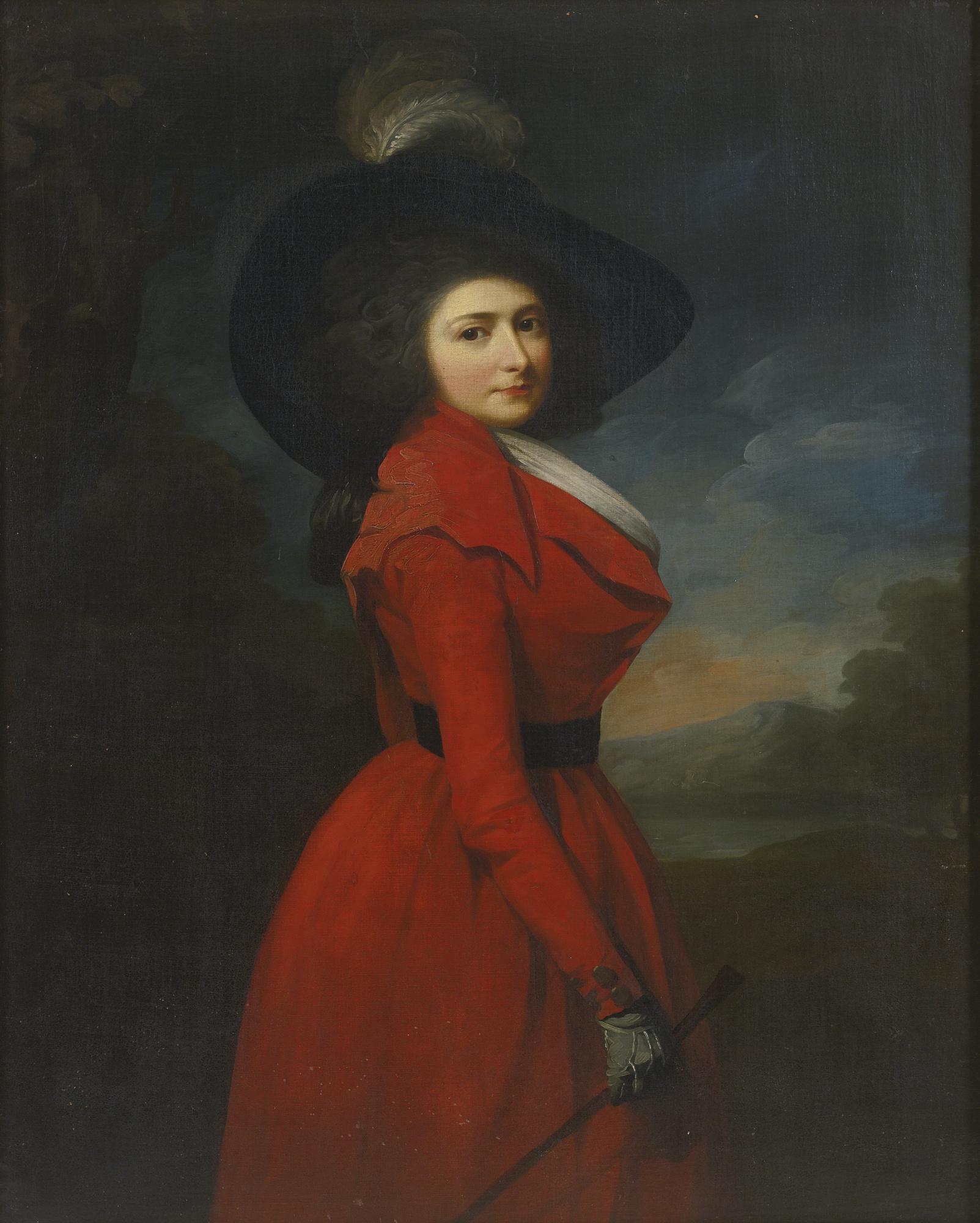 Sir Martin Archer Shee, P.R.A - Portrait Of Miss Elizabeth Jemima Blake, Three-Quarter Length, Wearing A Red Hunting-Habit And Feathered Hat