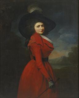 Sir Martin Archer Shee, P.R.A - Portrait Of Miss Elizabeth Jemima Blake, Three-Quarter Length, Wearing A Red Hunting-Habit And Feathered Hat