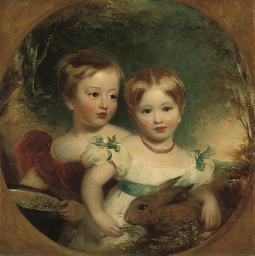 Sir Martin Archer Shee - Double Portrait Of The Artist\'S Daughters, Half-Length, One In A Red Dress Holding A Basket Of Flowers, The Other In A White Dress With Blue Ribbons And Sash, Holding A Rabbit, In A Landscape
