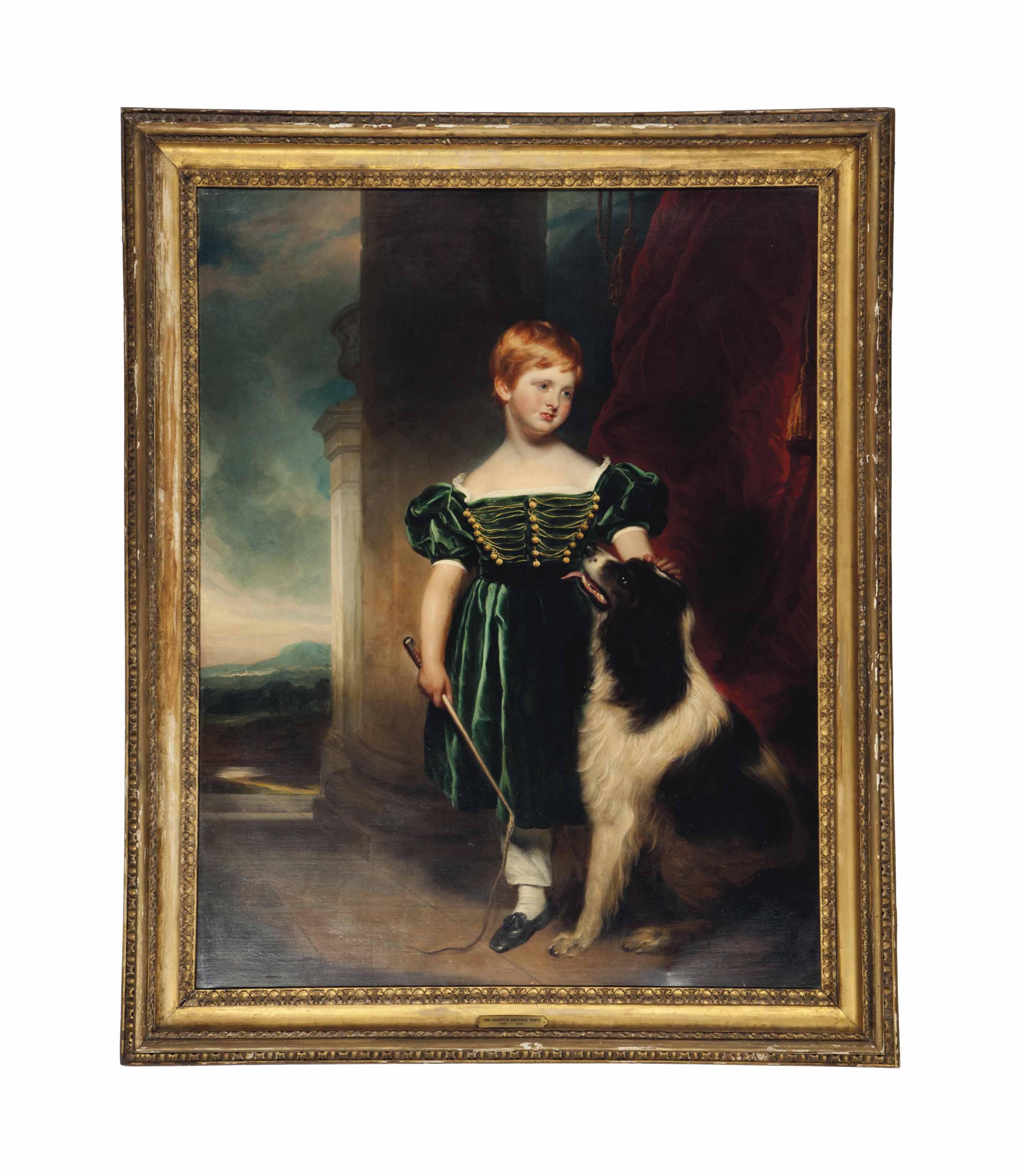 Sir Martin Archer Shee - Portrait Of A Boy, Full-Length, With A Spaniel On A Terrace With A Landscape In The Distance