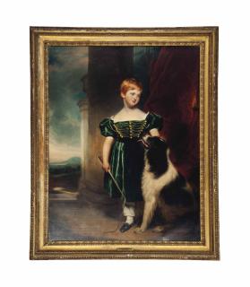 Sir Martin Archer Shee - Portrait Of A Boy, Full-Length, With A Spaniel On A Terrace With A Landscape In The Distance