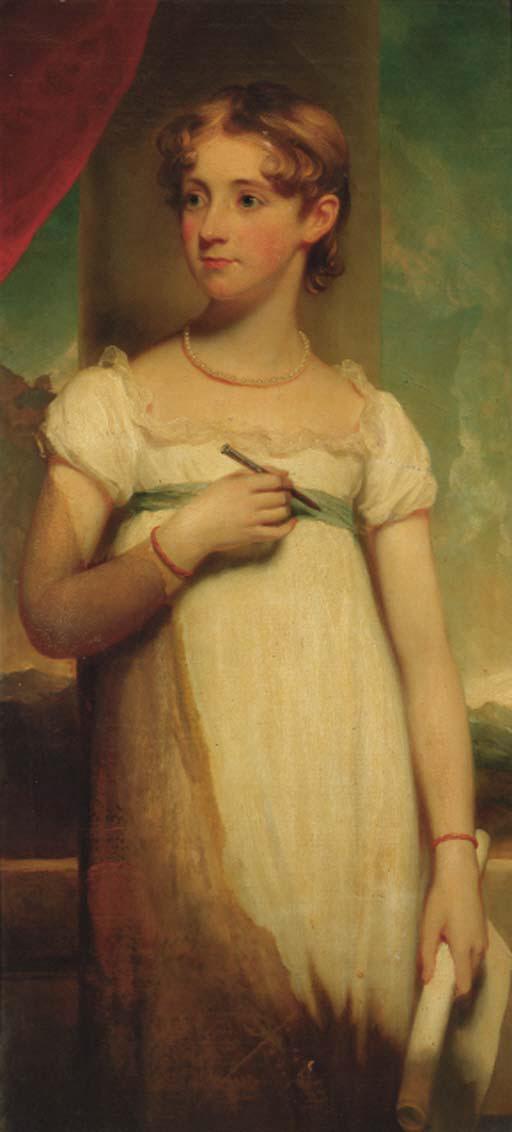 Sir Martin Archer Shee - Portrait of Mary Harman, née Mary Popham, three-quarter-length, in a white dress and pearl necklace, holding a crayon and paper, standing on a balcony, a landscape beyond