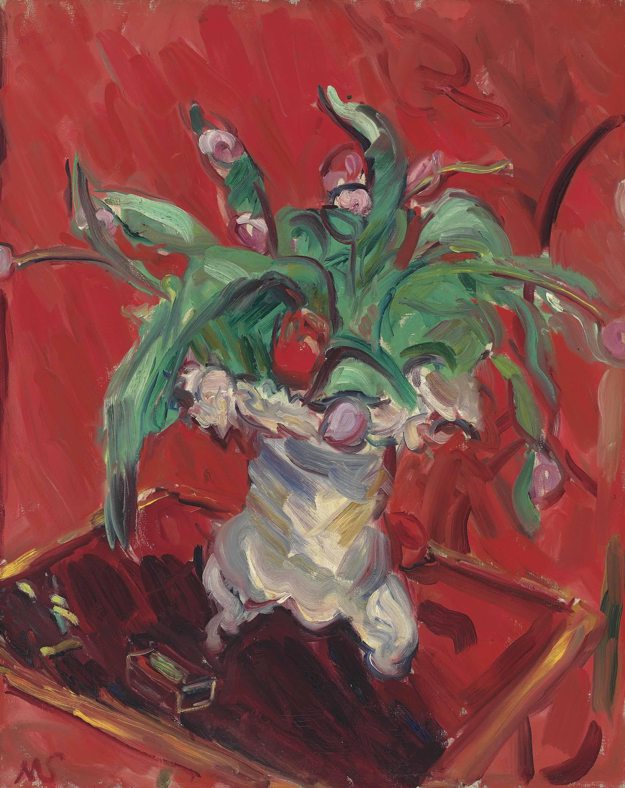 Sir Matthew Smith - Flowers in a jug, red background