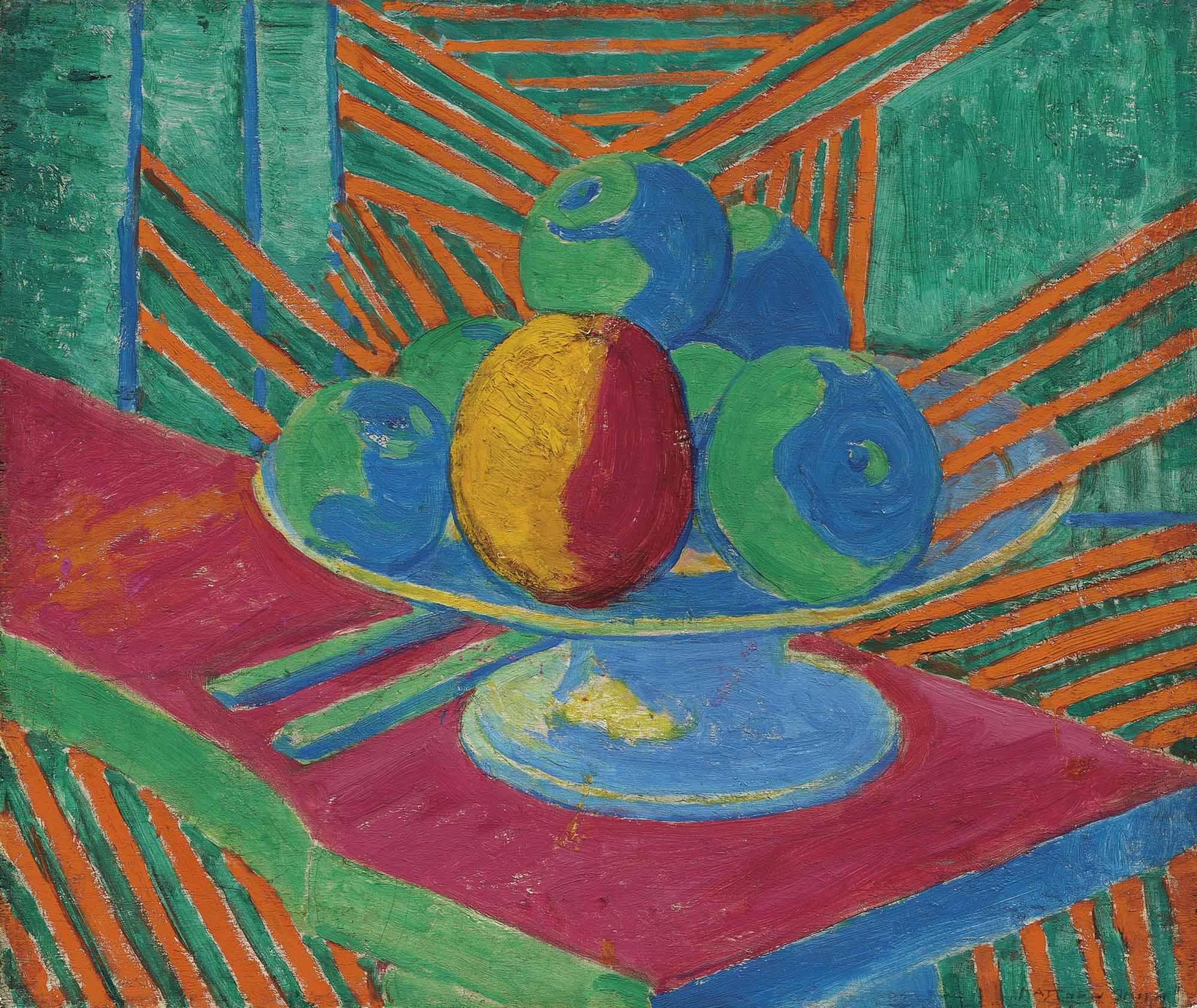 Sir Matthew Smith - Fruit in a Bowl, Striped Background (II)