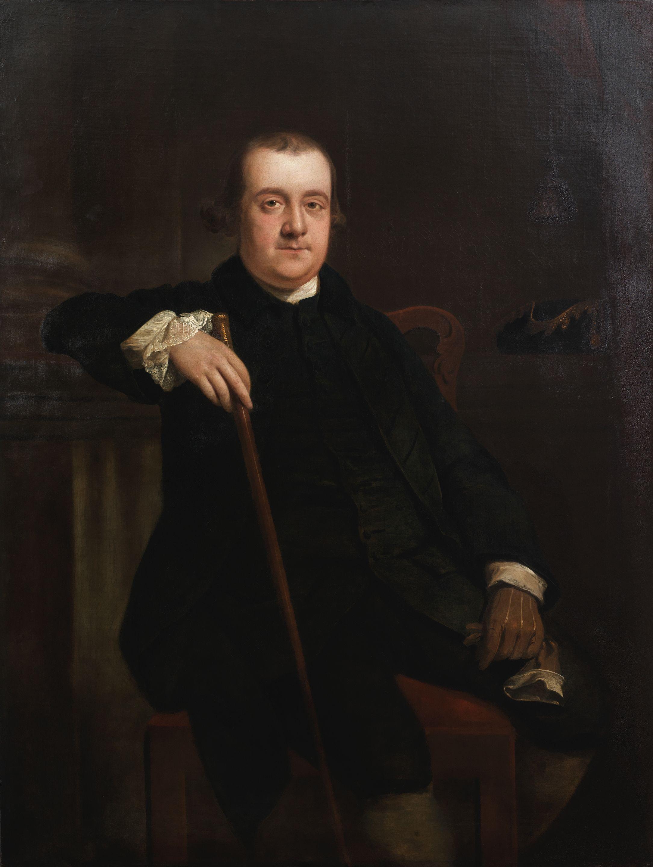 Sir Nathaniel Dance Holland, Bt. - Portrait of a gentleman, three-quarter-length, in a black coat, seated beside a column, holding a cane in his right hand and a glove in his right unframed