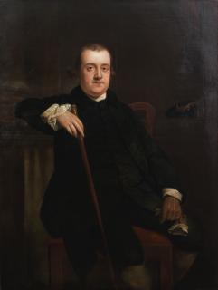 Sir Nathaniel Dance Holland, Bt. - Portrait of a gentleman, three-quarter-length, in a black coat, seated beside a column, holding a cane in his right hand and a glove in his right unframed