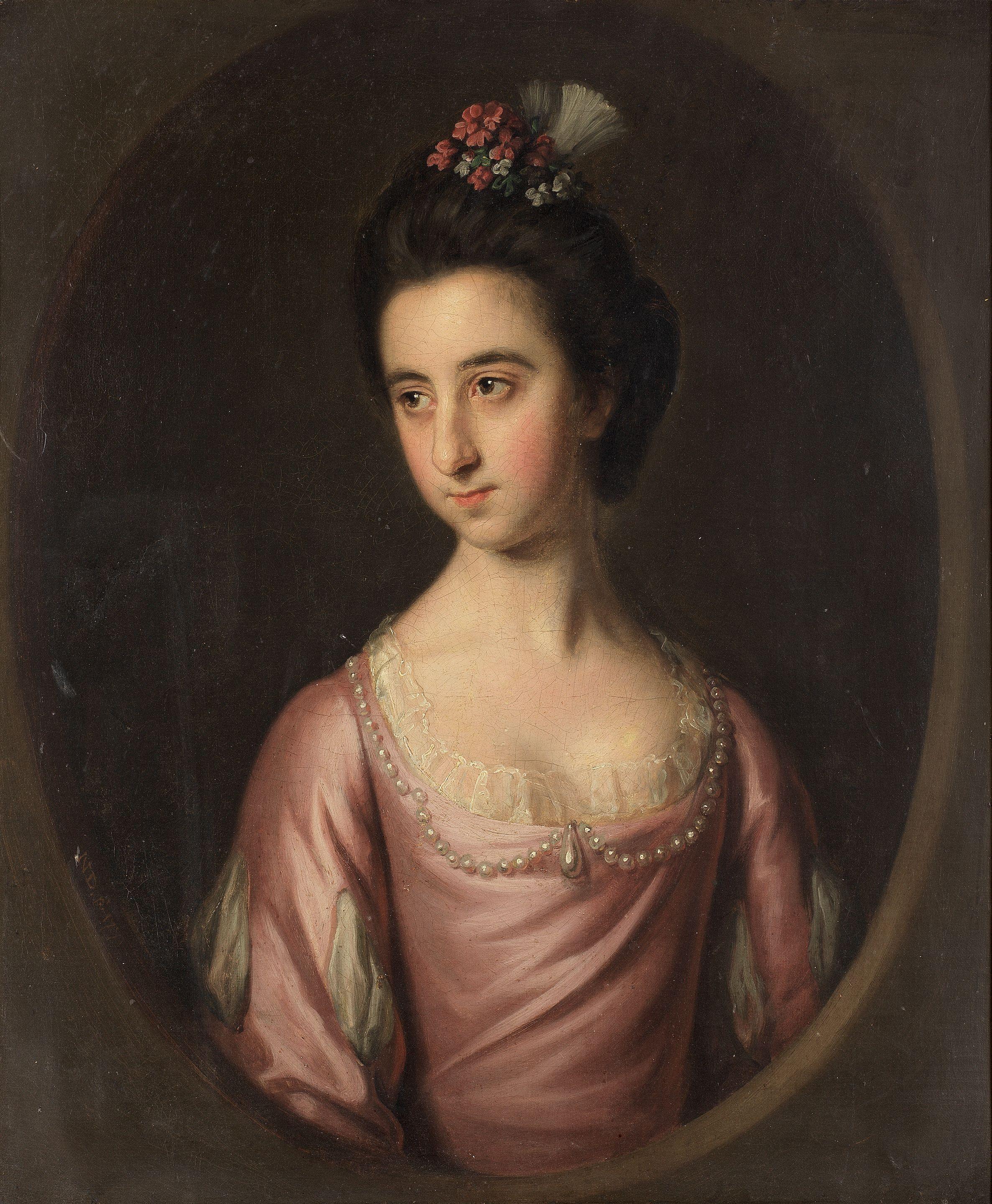 Sir Nathaniel Dance Holland, Bt. - Portrait of a girl, half-length, wearing a pink and white dress, within a painted oval