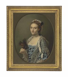 Sir Nathaniel Dance-Holland, R.A. - Portrait Of Olive Craster (D. 1769), Half-Length, In A Blue Dress With Ribbons And A Lace Shawl, With A Pearl Necklace And Flowers In Her Hair, Holding A Squirrel, In A Feigned Oval
