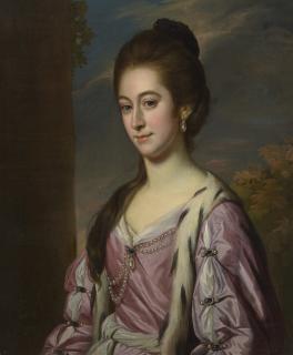 Sir Nathaniel Dance-Holland - Portrait of Jane Cressett Pelham (1740-1820), née Hardinge, half-length, in a pink gown with a landscape beyond