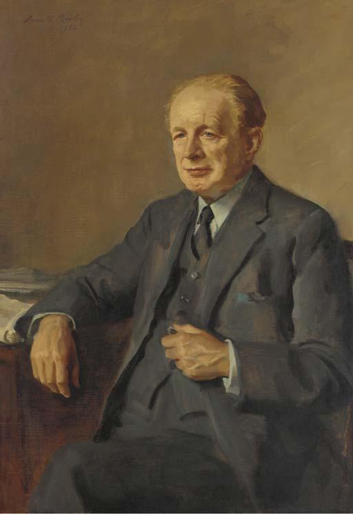 Sir Oswald Hornby Joseph Birley, R.P., R.O.I., N.P - Portrait of Sir Geoffrey Ellis, Bt., seated half-length, in a black suit, at his desk