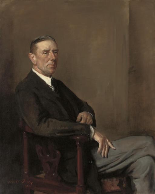 Sir Oswald Hornby Joseph Birley, R.P., R.O.I. - Portrait of a gentleman, seated three-quarter-length, in a black coat and grey trousers