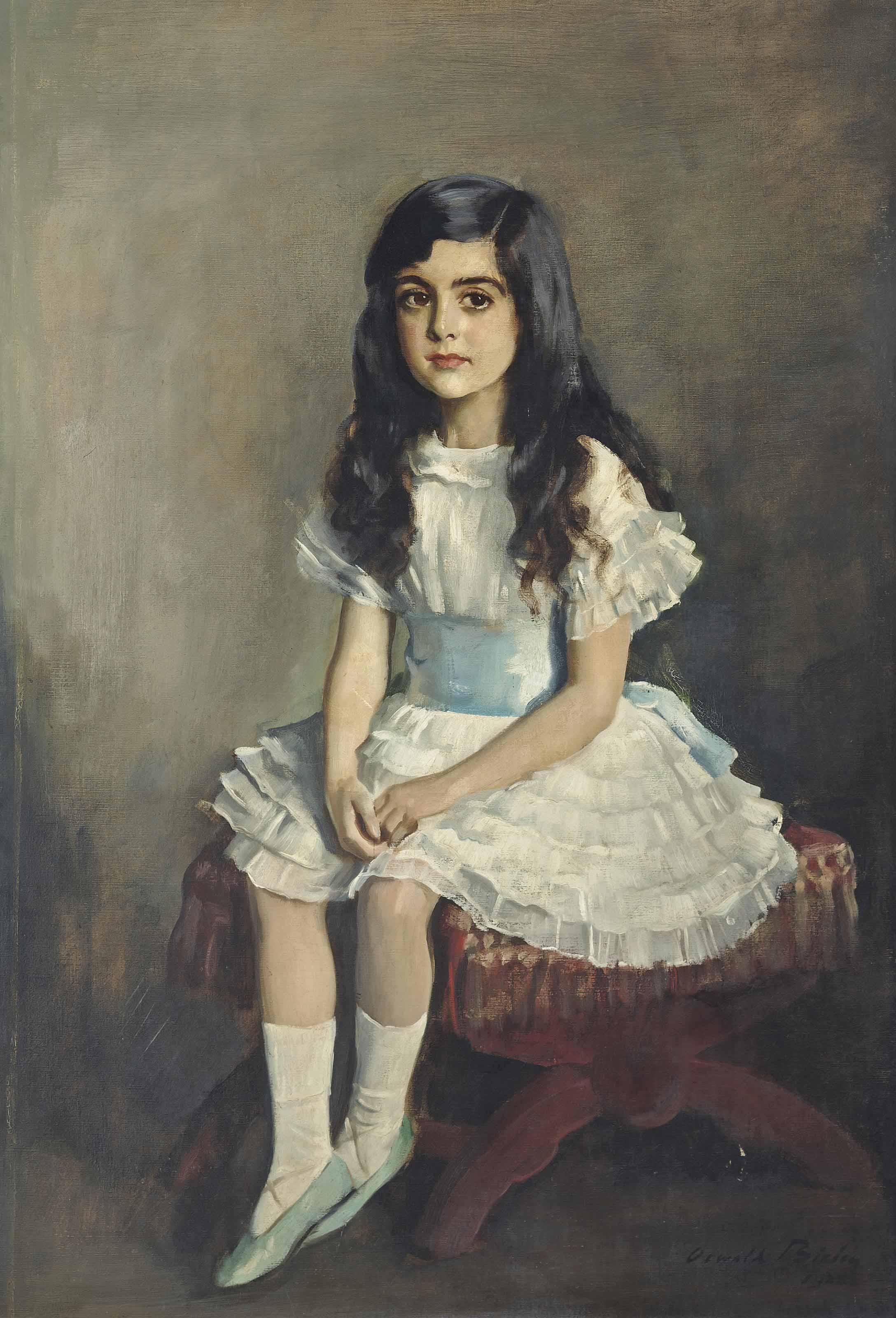 Sir Oswald Joseph Hornby Birley - Portrait Of A Young Girl, Full-Length, In A White Dress Sitting On A Red Stool