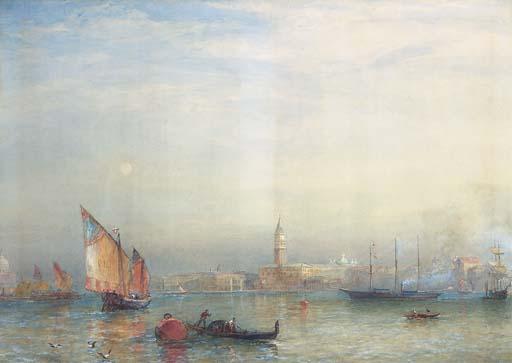 Sir Oswald Walters Brierly, R.W.S., F.R.G.S. - A view across the Venetian Lagoon, with the English steam yacht Cuhona announcing her arrival with a flaghoist