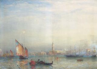 Sir Oswald Walters Brierly, R.W.S., F.R.G.S. - A view across the Venetian Lagoon, with the English steam yacht Cuhona announcing her arrival with a flaghoist