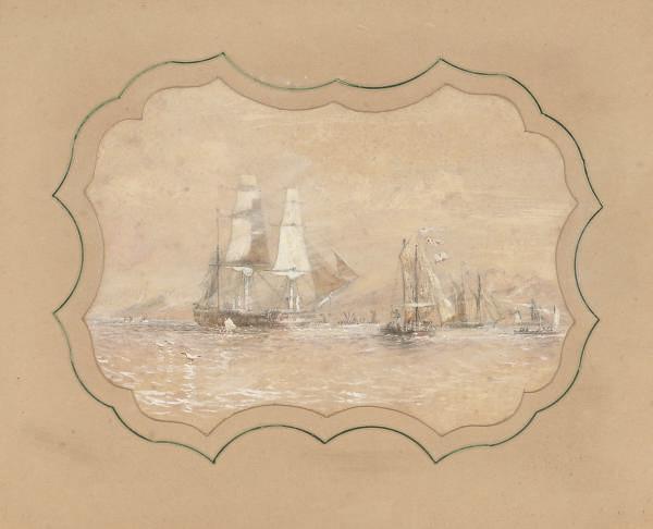 Sir Oswald Walters Brierly, R.W.S., F.R.G.S. - H.M.S. Rattlesnake off an archipelago (illustrated); and H.M.S. Rattlesnake at anchor off an island