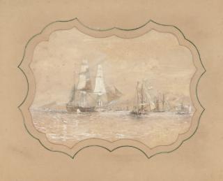 Sir Oswald Walters Brierly, R.W.S., F.R.G.S. - H.M.S. Rattlesnake off an archipelago (illustrated); and H.M.S. Rattlesnake at anchor off an island