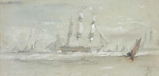 Sir Oswald Walters Brierly - A frigate, Admiralty cutters and other shipping at Spithead