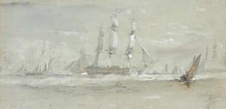 Sir Oswald Walters Brierly - A frigate, Admiralty cutters and other shipping at Spithead