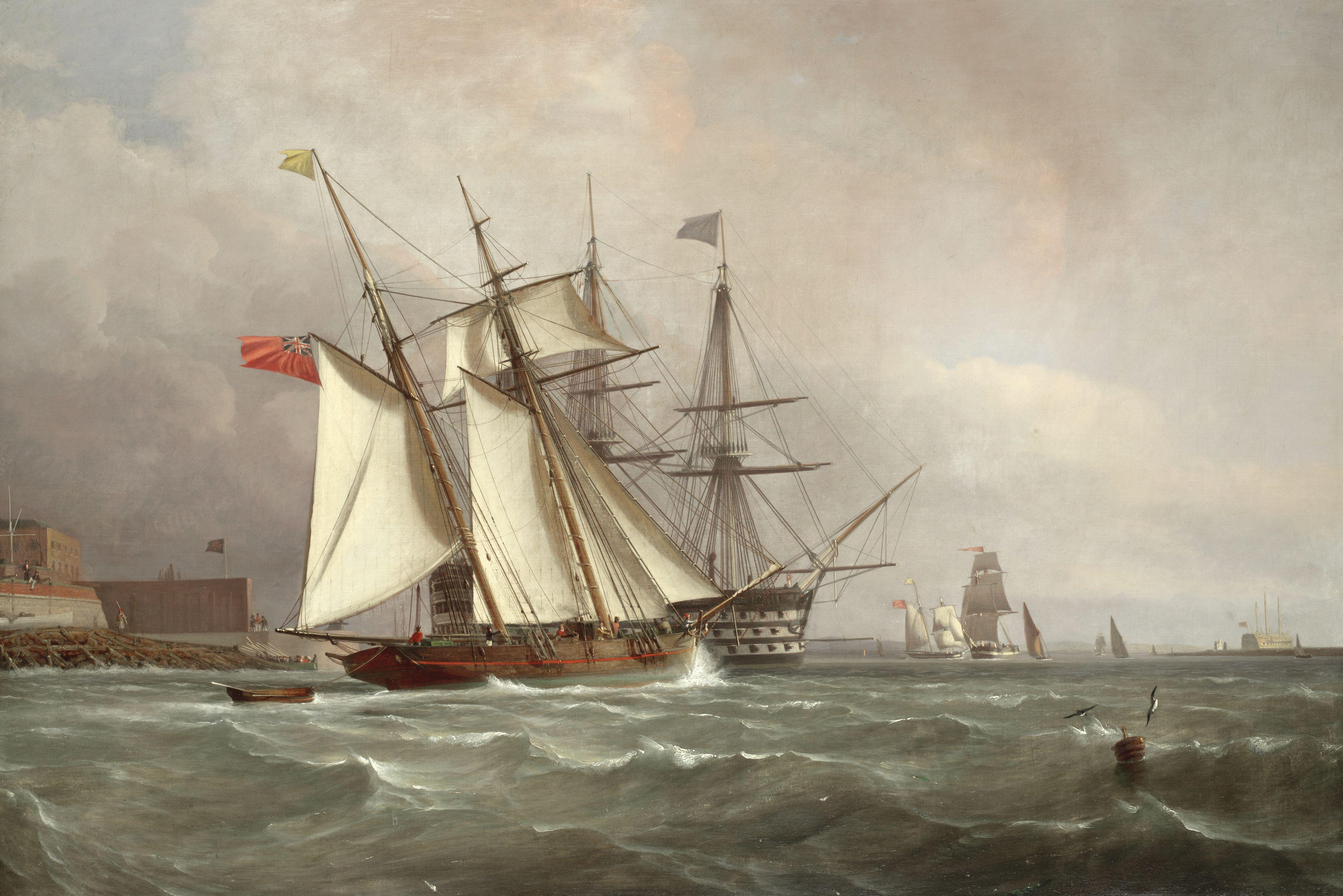 Sir Oswald Walters Brierly - A Trading Schooner Overhauling A First Rate Off Garrison Point, Sheerness