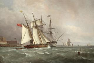 Sir Oswald Walters Brierly - A Trading Schooner Overhauling A First Rate Off Garrison Point, Sheerness