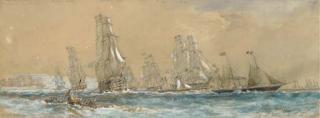 Sir Oswald Walters Brierly - The Royal Yacht Victoria and Albert (II) leaving Cherbourg with her escorts, August 1858