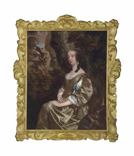 Sir Peter Lely - Portrait Of Diana Russell, Lady Newport (1624-1694), Three-Quarter-Length, In An Oyster Satin Dress Embellished With Jewels, In A Wooded Landscape