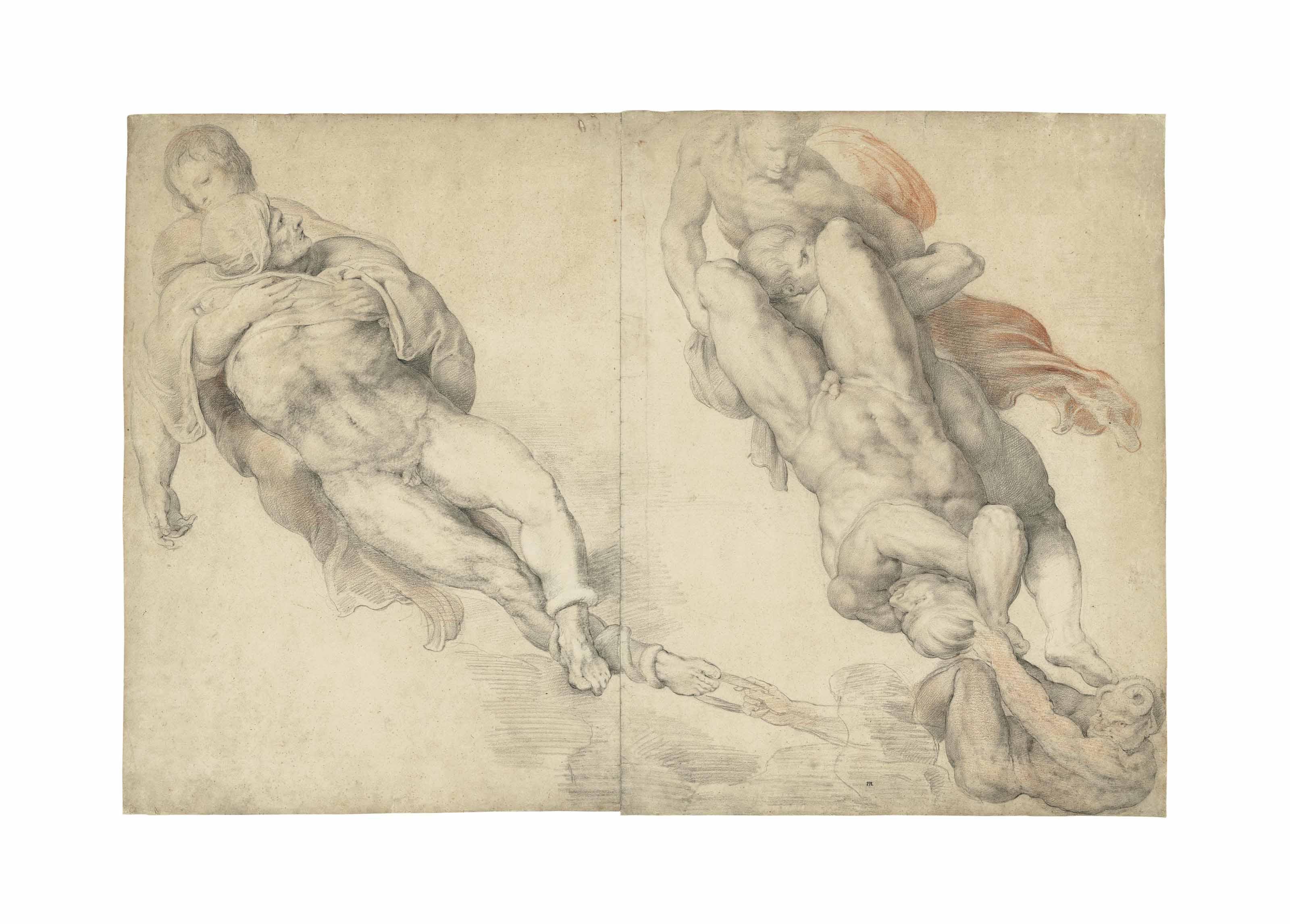 Sir Peter Paul Rubens - Two Nude Men Dragged Down By Demons And Lifted Up By Three Partly Robed Figures, After Michelangelo