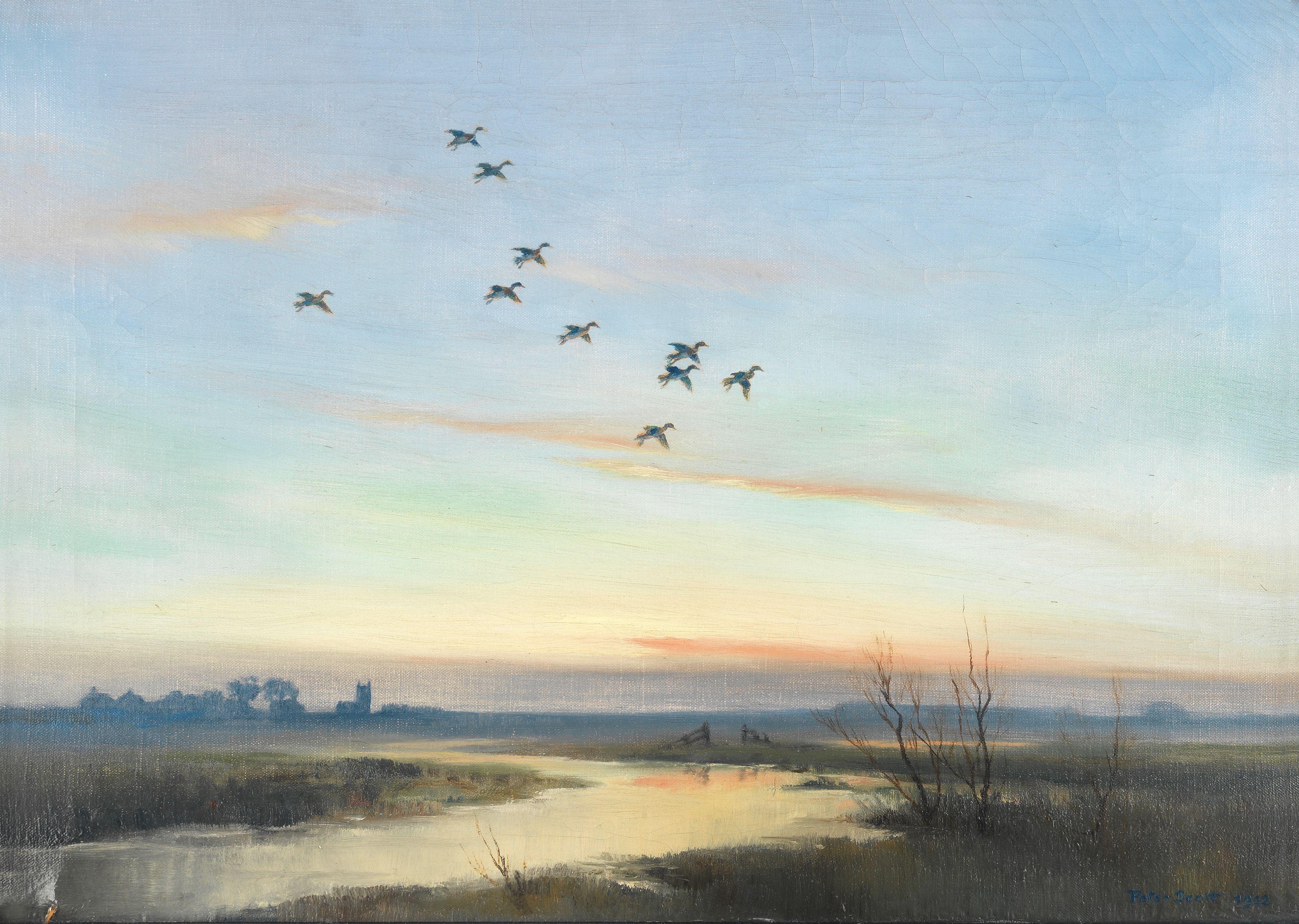 Sir Peter Scott - Ducks at Sunset
