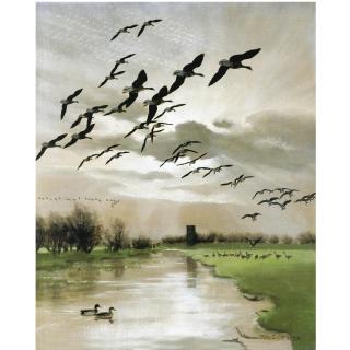 Sir Peter Scott - Geese Over An Estuary At Sunset