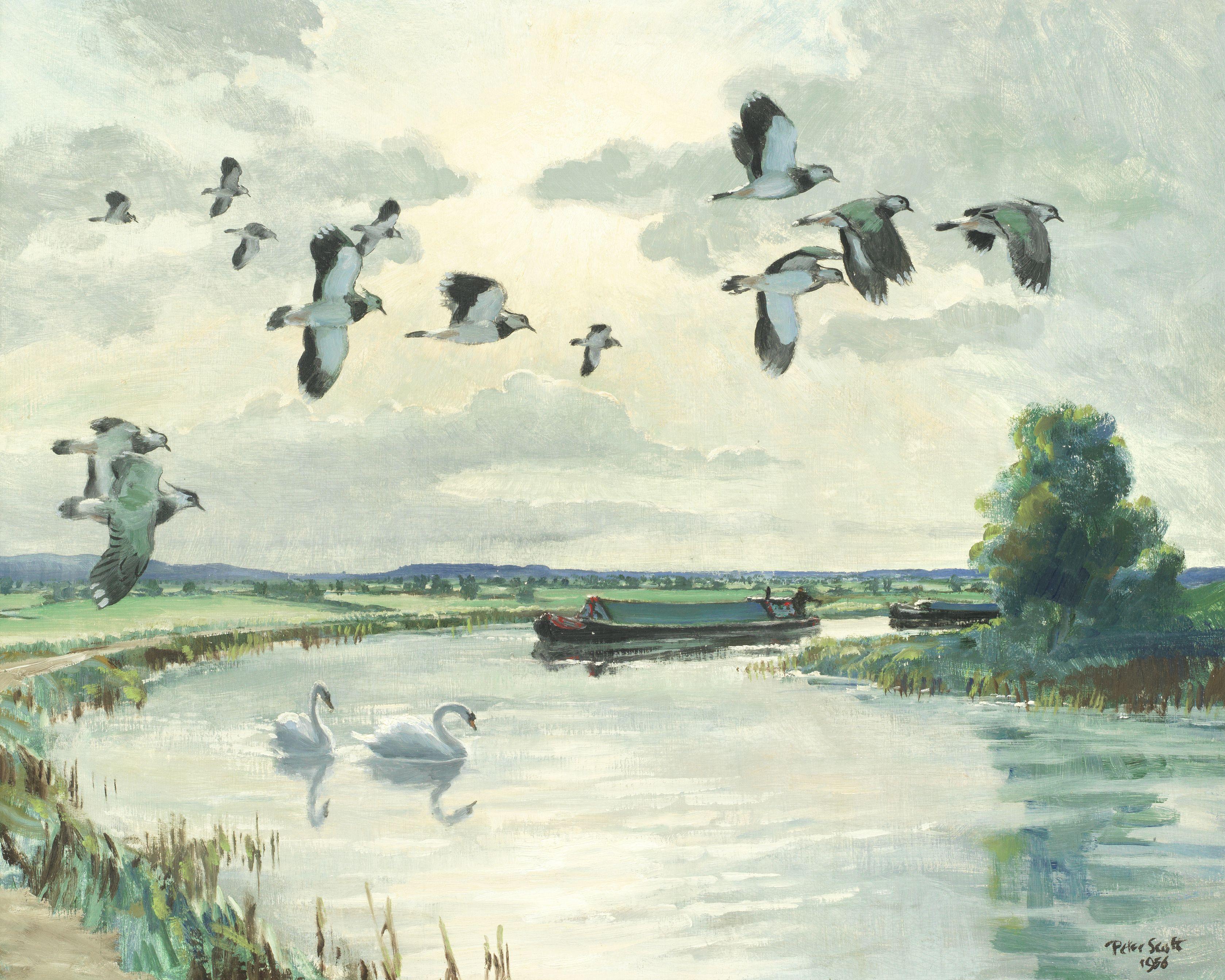 Sir Peter Scott - Lapwings And A Narrow Boat