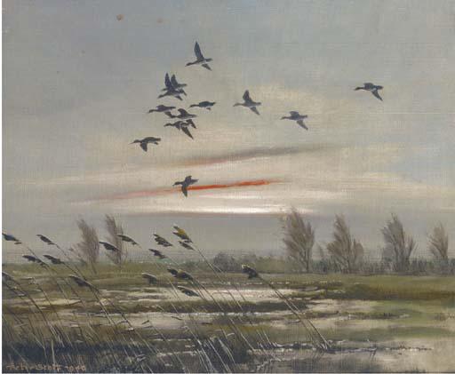 Sir Peter Scott - Mallards over a marsh