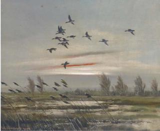 Sir Peter Scott - Mallards over a marsh