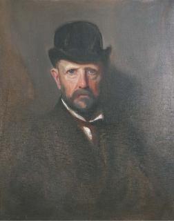 Sir Philip Alexis De Laszlo P.R.B.A. - Portrait of Sir Henry Farquhar, bust-length in a brown jacket and tie and a bowler hat