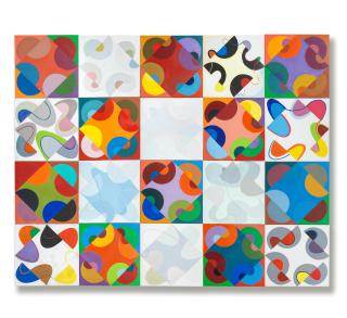 Sir Terry Frost R.A. - Newlyn Rhythms 232 x 308 cm. (91 1/4 x 121 1/4 in.) (including the backboards); approximately 55.9 x 55.9 cm. (22 x 22 in.) (each canvas)