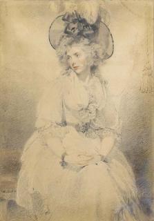 Sir Thomas Lawrence, P.R.A. - Portrait of a lady, probably Mrs James Denham, three-quarter-length, seated, in a white dress and large feathered and ribboned black hat